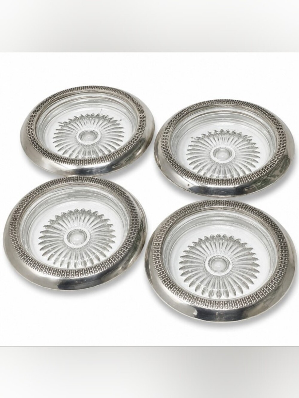 Sterling Silver Glass Sunburst Coasters - Set of 4